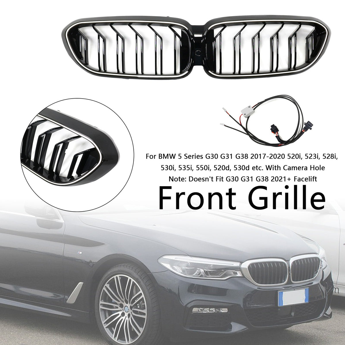 2017-2020 BMW 5 Series G30 G31 Gloss Black Double Slat Front Kidney Grill