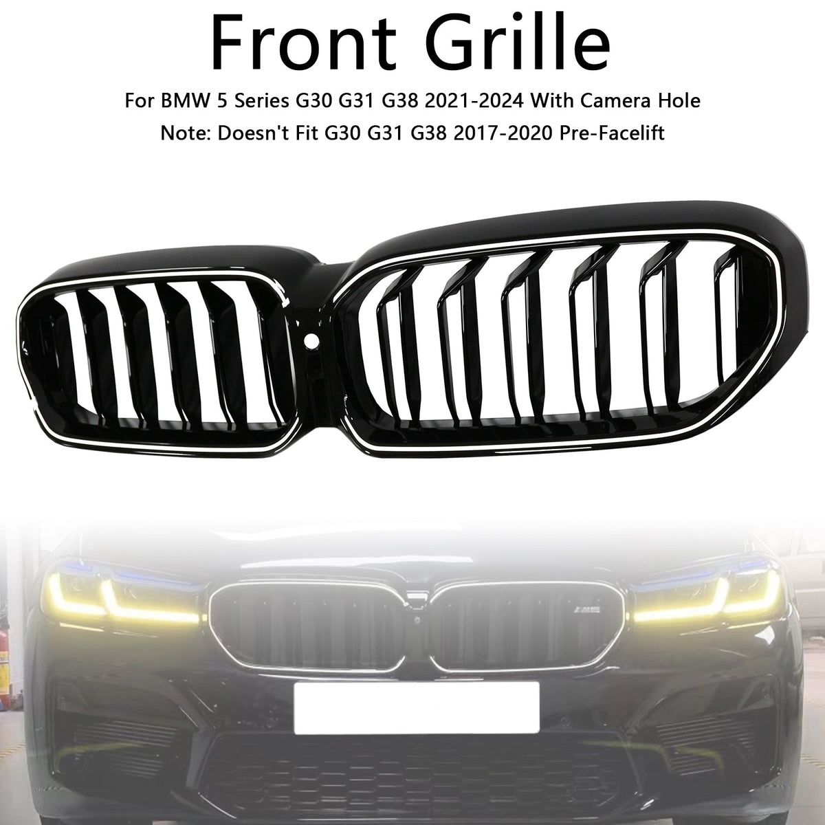 2021-2024 BMW 5 Series G30 G31 G38 With Camera Hole Gloss Black Double Slat Front Kidney Grill