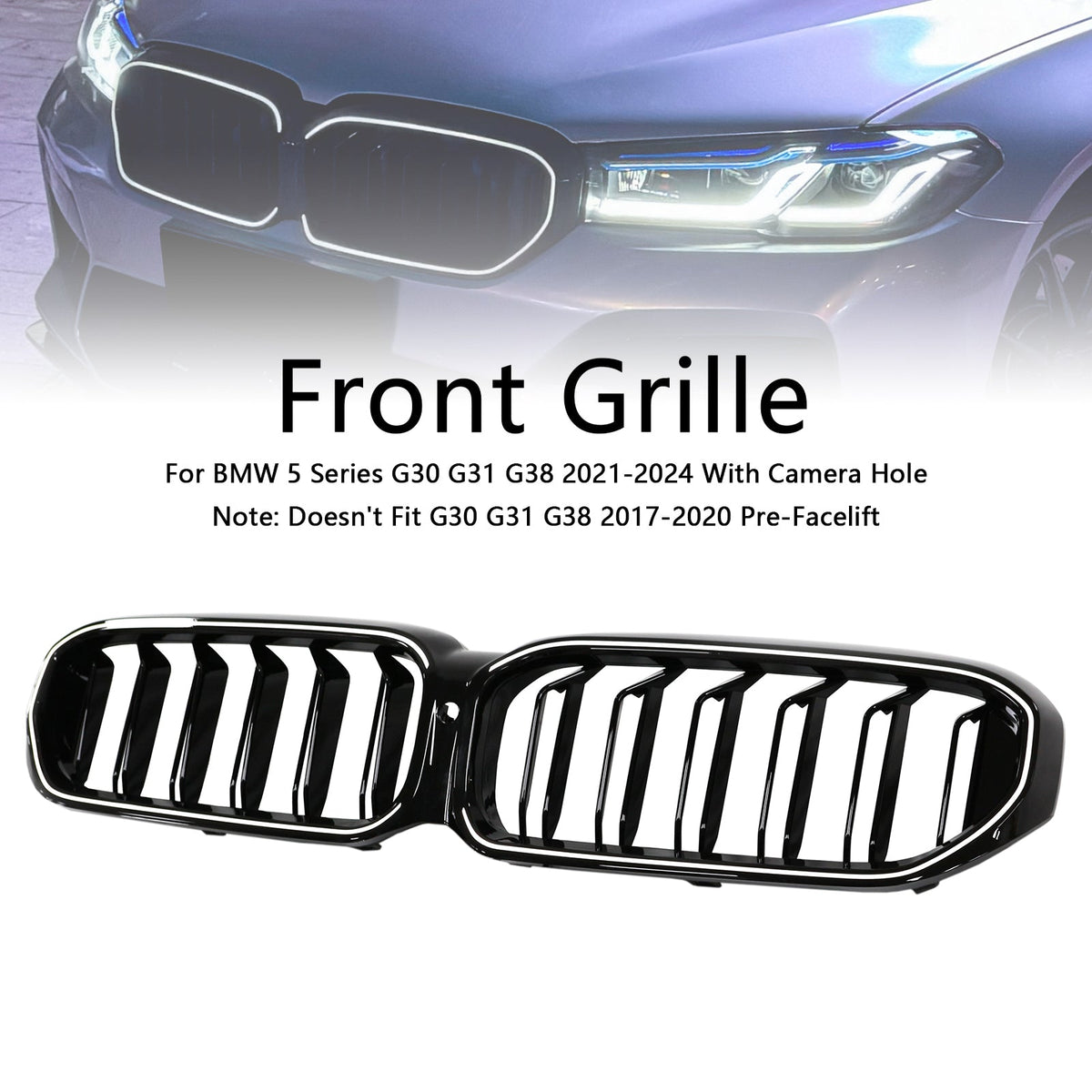 2021-2024 BMW 5 Series G30 G31 G38 With Camera Hole Gloss Black Double Slat Front Kidney Grill