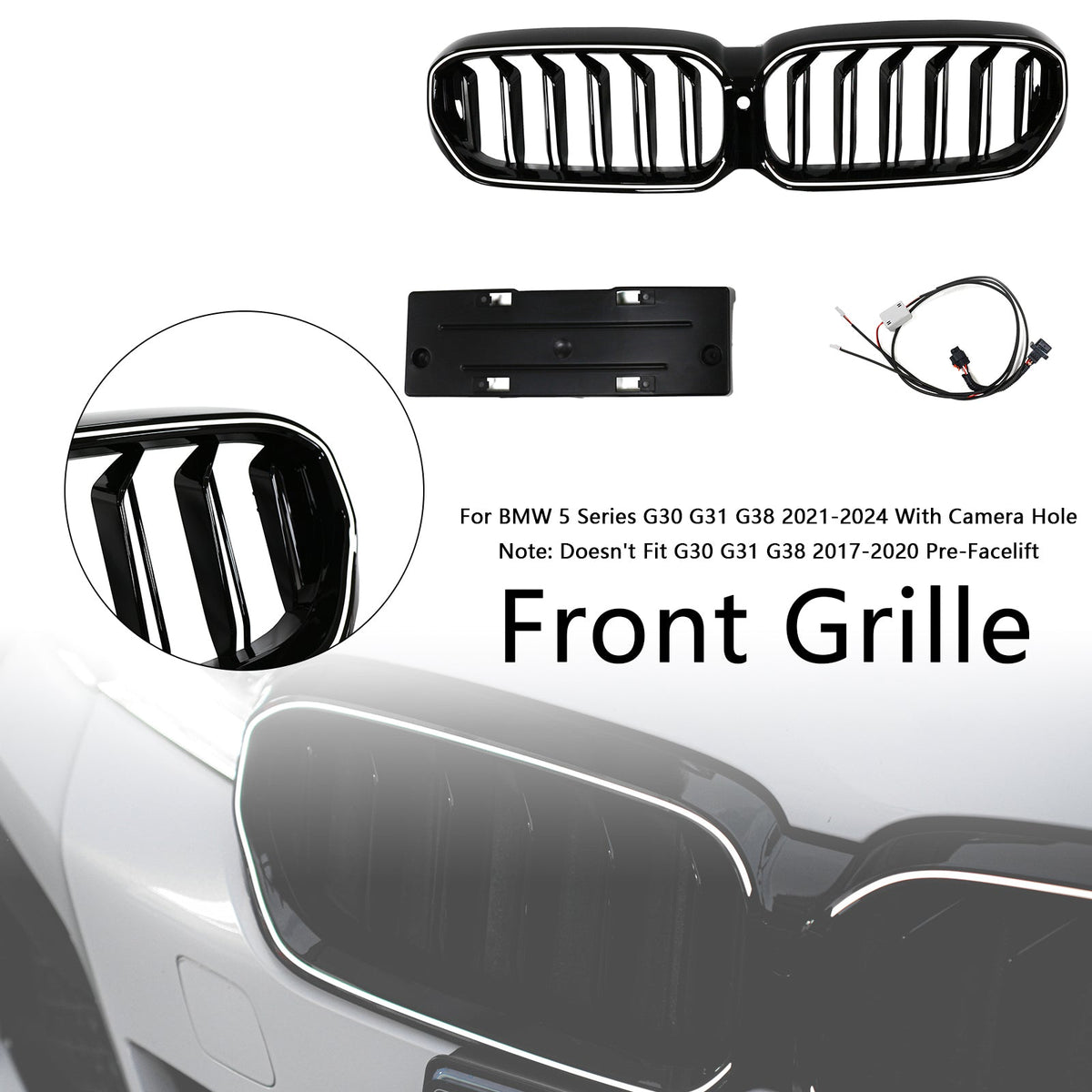 2021-2024 BMW 5 Series G30 G31 G38 With Camera Hole Gloss Black Double Slat Front Kidney Grill