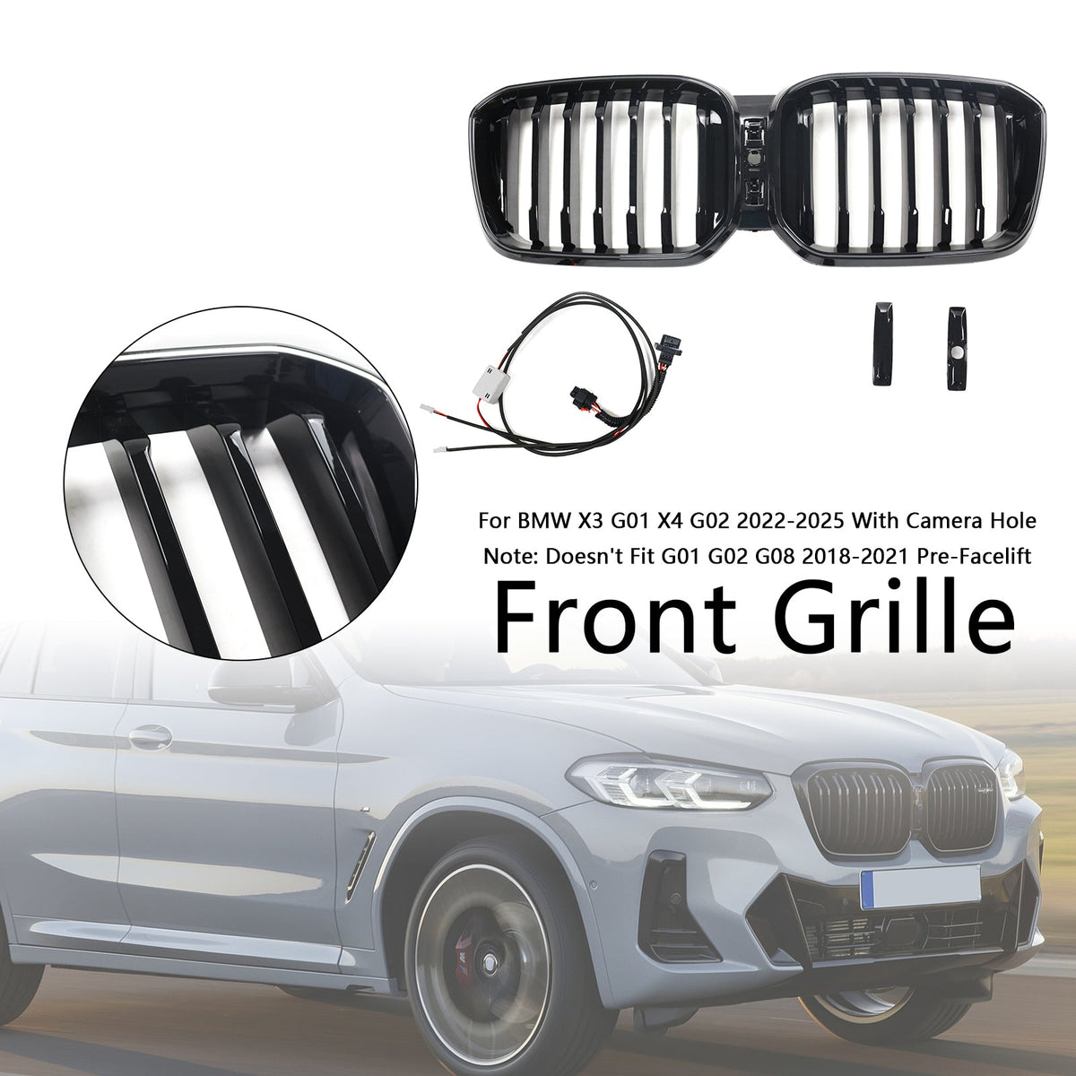 2022-2025 BMW X3 G01 X4 G02 With Camera Hole Glossy Black Front Bumper Kidney Grill