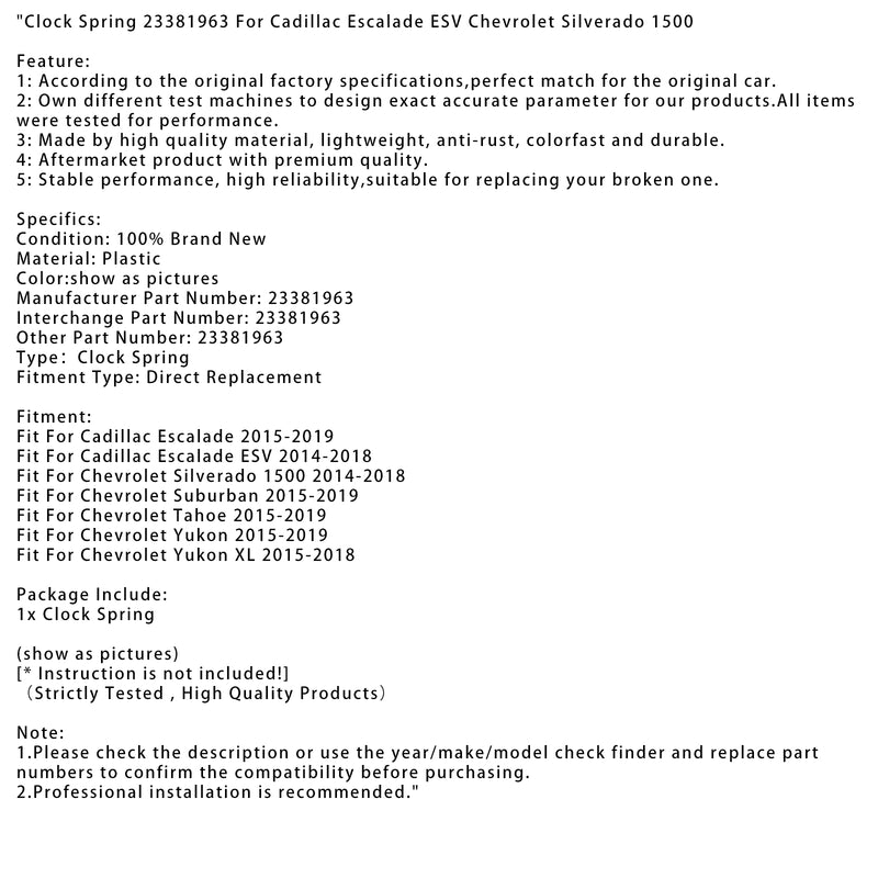 Cadillac Escalade ESV Chevrolet Silverado 1500 Clock Spring 23381963