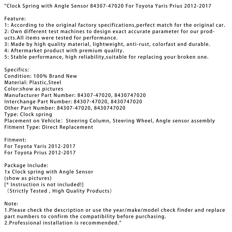 Toyota Yaris Prius 2012-2017 Clock Spring with Angle Sensor 84307-47020