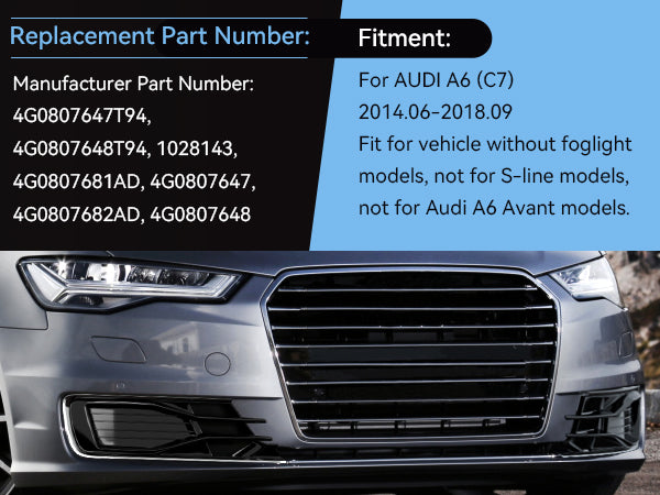 Audi A6 C7 2014-2018 Black Chrome Pair Front Bumper Foglight Cover Grill