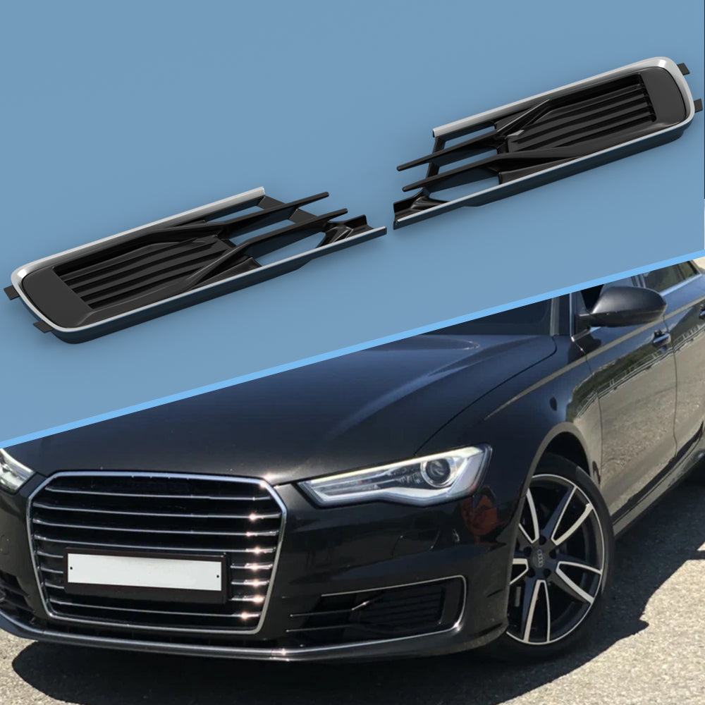Audi A6 C7 2014-2018 Black Chrome Pair Front Bumper Foglight Cover Grill