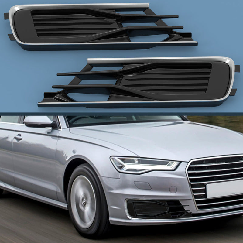 2014-2018 Audi A6 C7 Black Chrome Pair Front Bumper Foglight Cover Grill