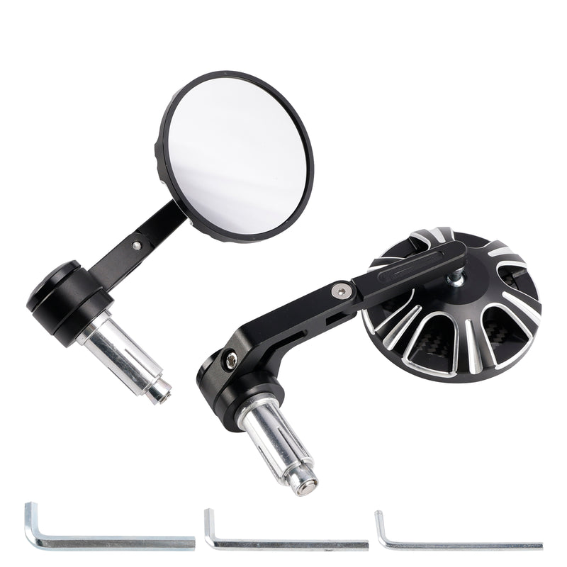 CNC Aluminium Carbon Black 3" Round Bar End Mirror Set 7/8" 1" Universal