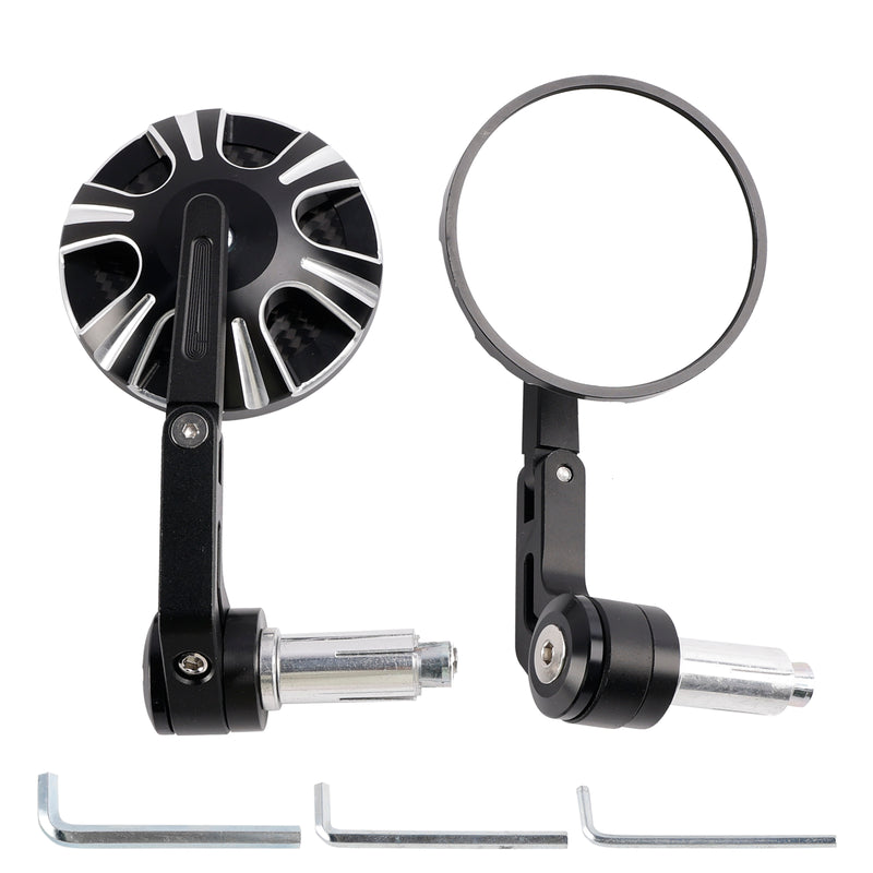 CNC Aluminium Carbon Black 3" Round Bar End Mirror Set 7/8" 1" Universal