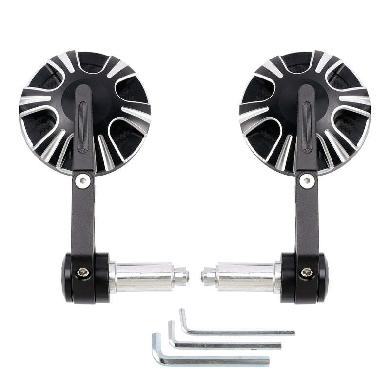 CNC Aluminium Carbon Black 3" Round Bar End Mirror Set 7/8" 1" Universal