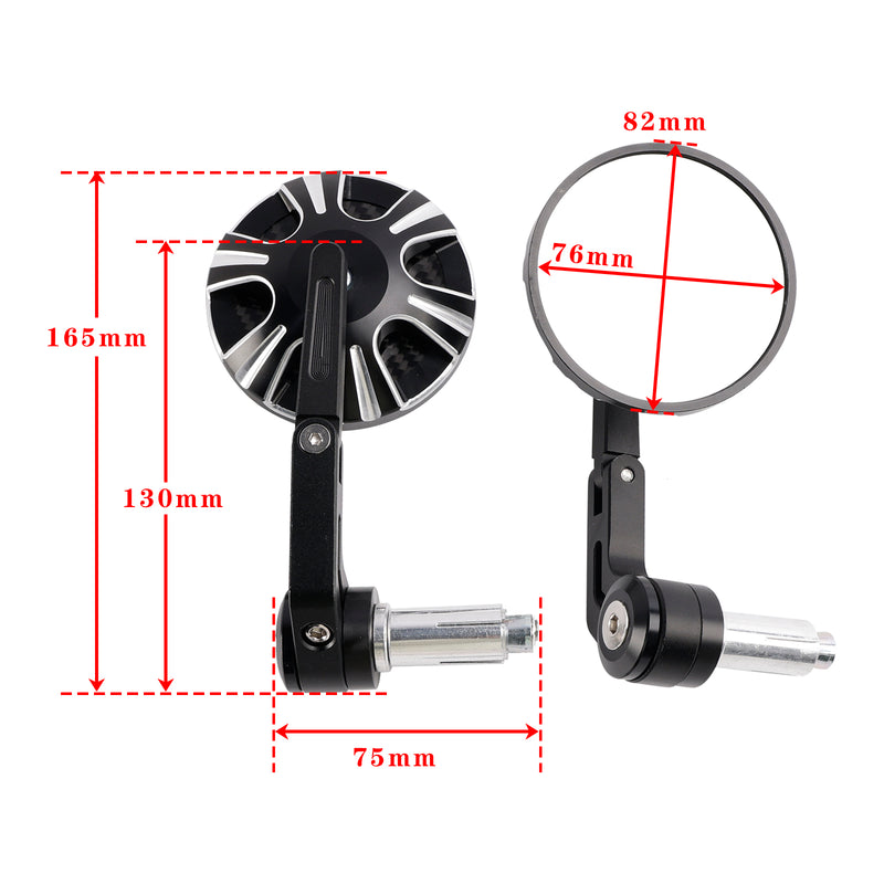 CNC Aluminium Carbon Black 3" Round Bar End Mirror Set 7/8" 1" Universal