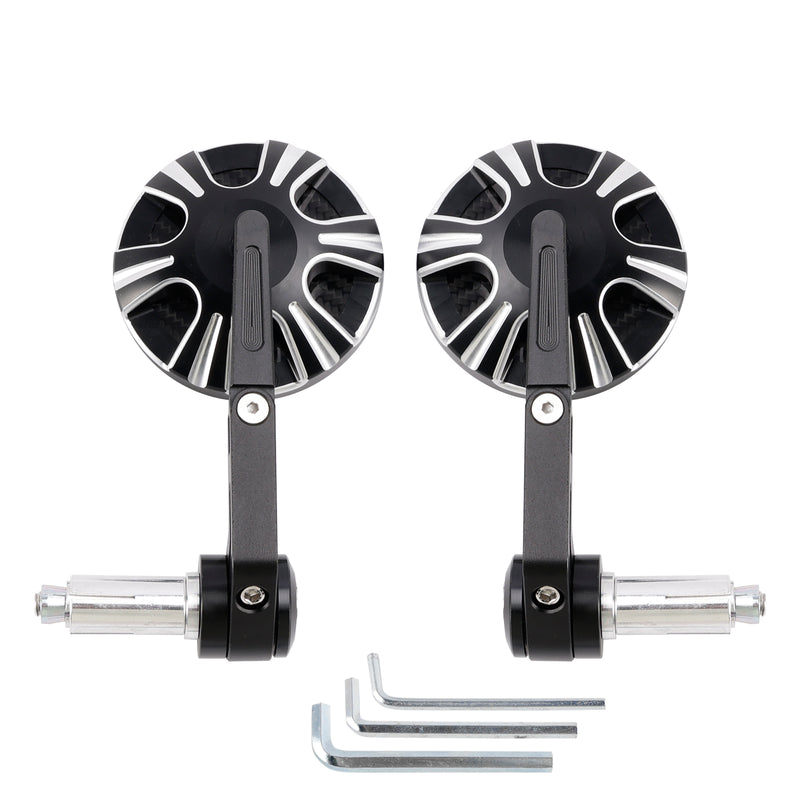 CNC Aluminium Carbon Black 3" Round Bar End Mirror Set 7/8" 1" Universal