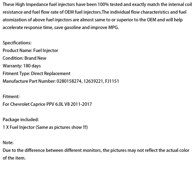 Chevrolet Caprice PPV 6.0L V8 2011-2017 1PCS Fuel Injector 12639221