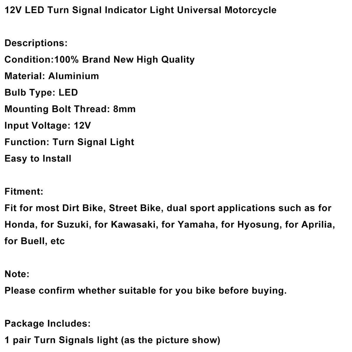 Yamaha Chrome 12V LED Turn Signal Indicator Light 8mm Universal Motorcycle