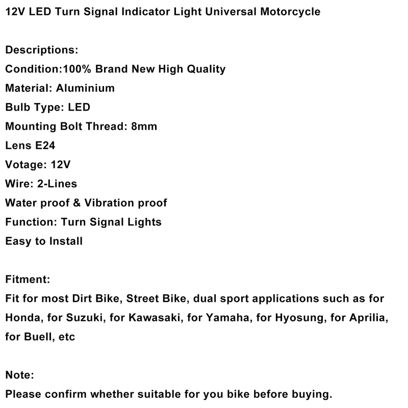 Honda Black 12V LED Turn Signal Indicator Light 8mm Universal Motorcycle