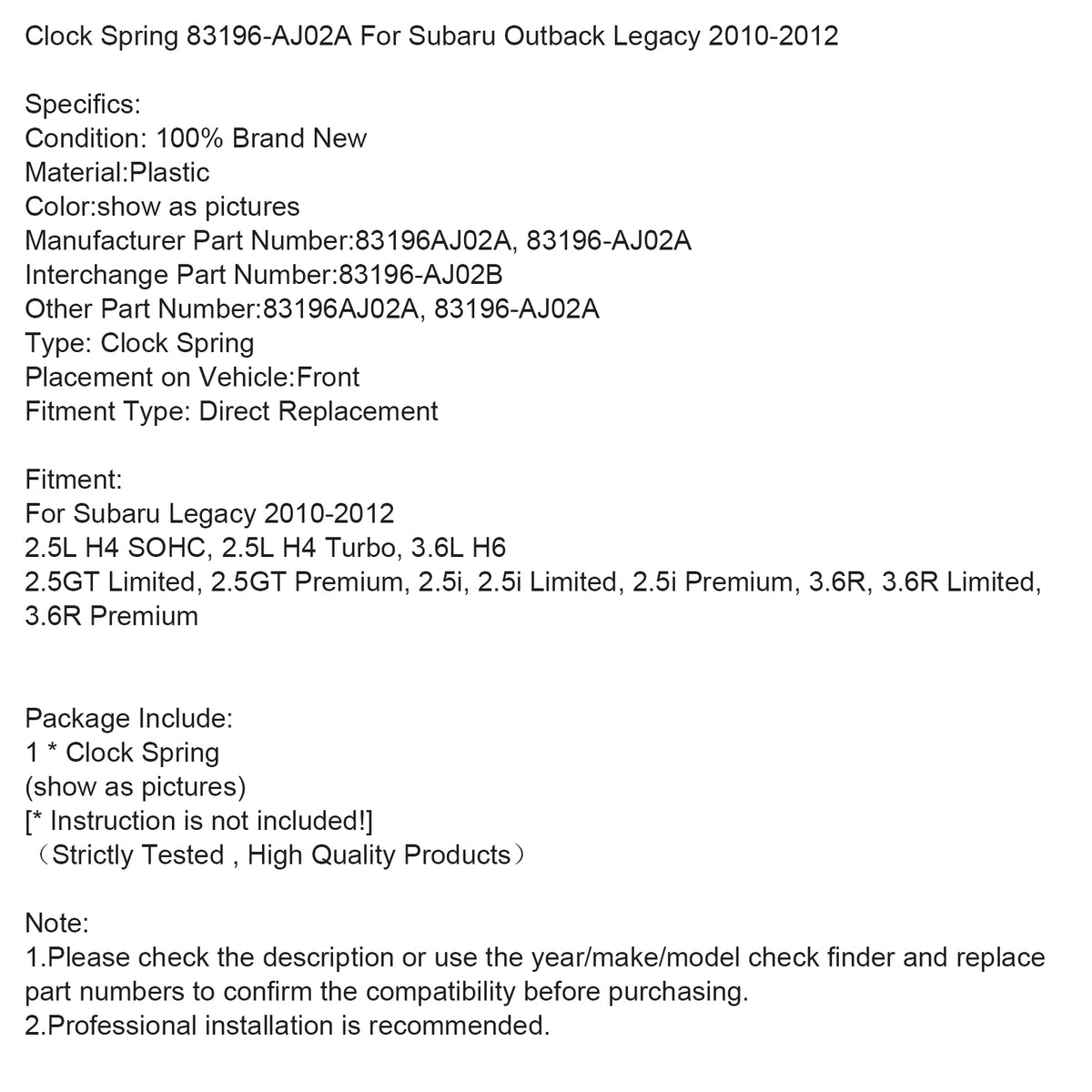 Subaru Outback Legacy 2010-2012 Clock Spring 83196-AJ02A