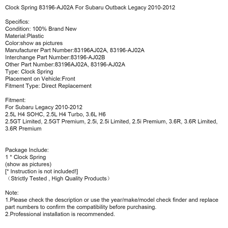 Subaru Outback Legacy 2010-2012 Clock Spring 83196-AJ02A
