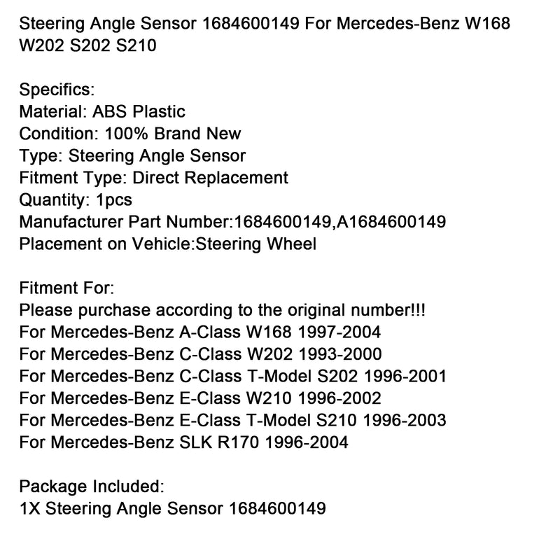 Mercedes-Benz W168 W202 S202 S210 Steering Angle Sensor 1684600149