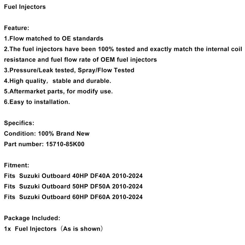 Suzuki DF40A DF50A DF60A Outboard 15710-85K00 Fuel Injectors