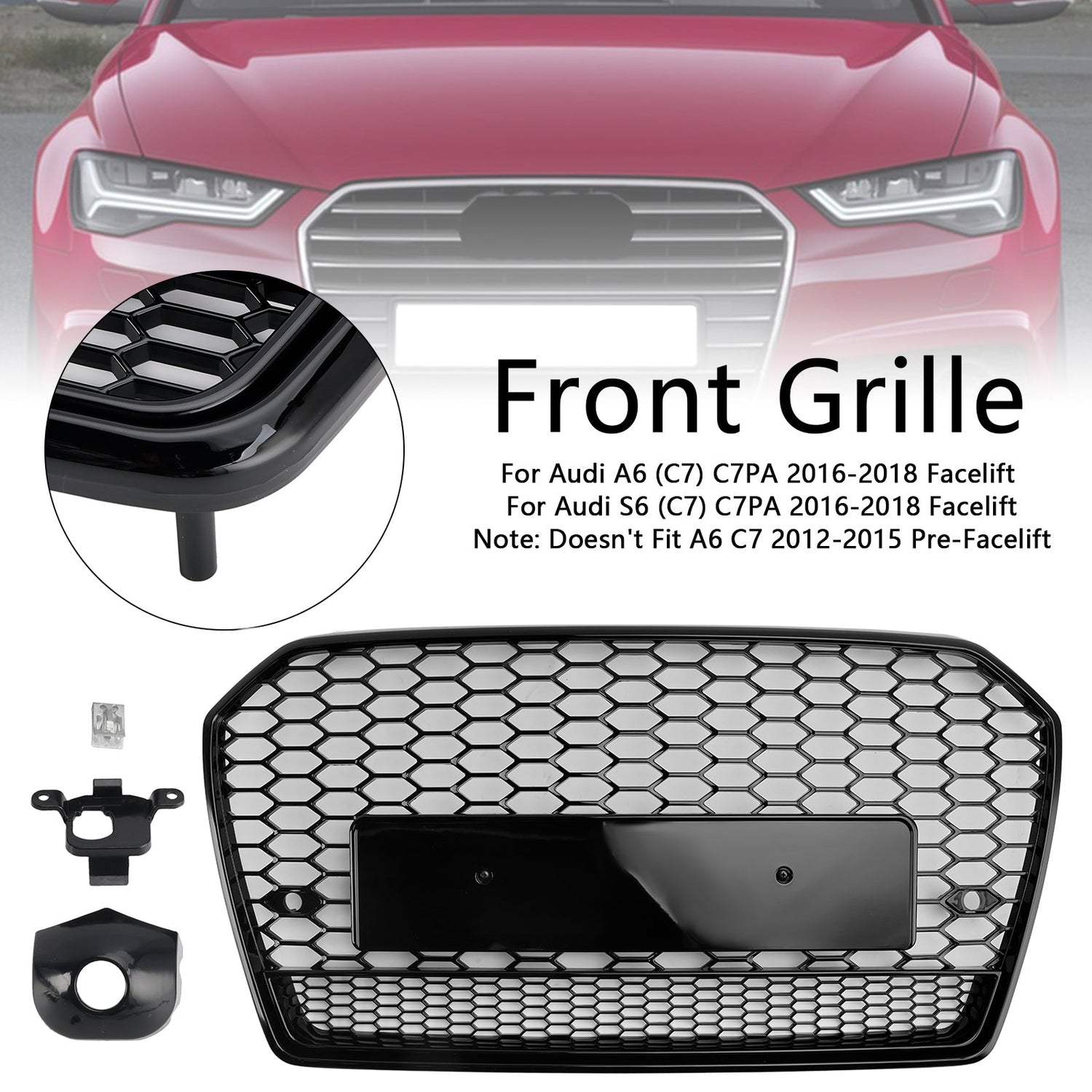2016-2018 Audi A6 S6 C7 Black RS6 Style Honeycomb Mesh Front Grille Grill