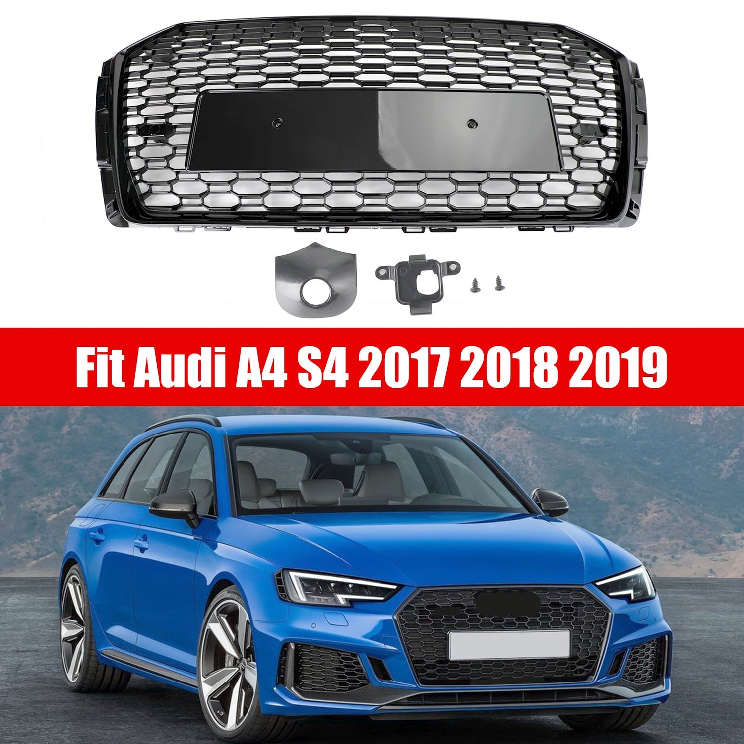 2017-2019 Audi A4/S4 B9 Black RS4 Style Honeycomb Mesh Hex Grille Grill