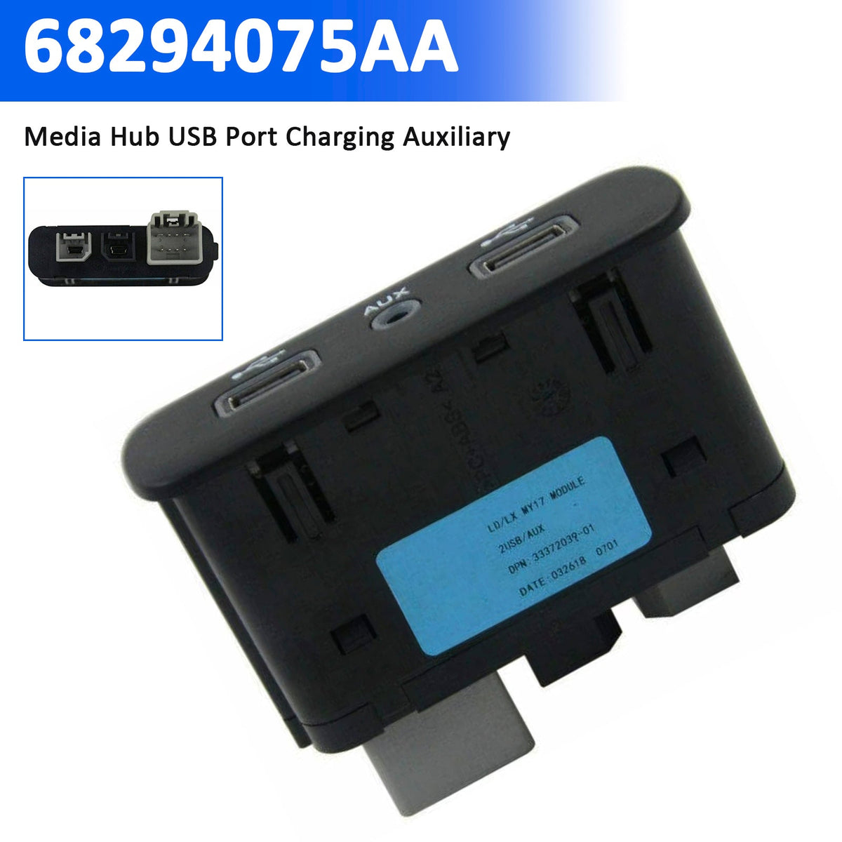 68294075AA Media Hub USB Port Charging Auxiliary for Chrysler Dodge 2017-2023