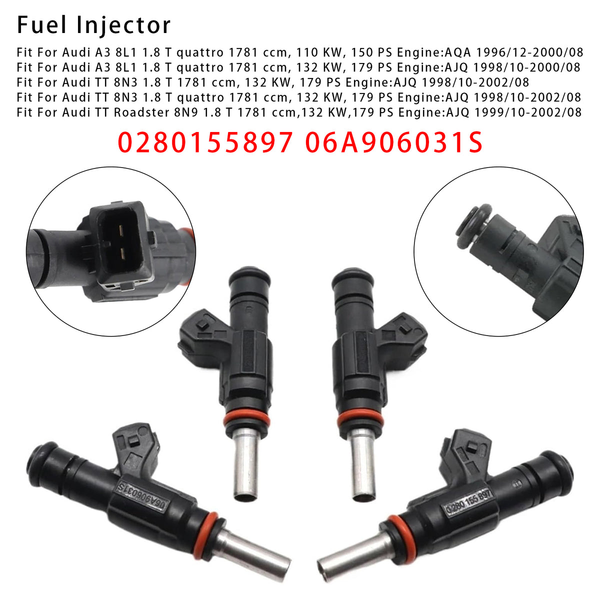 VW Golf IV Audi TT A3 Seat 1.8T 0280155897 06A906031S 4PCS Fuel Injector