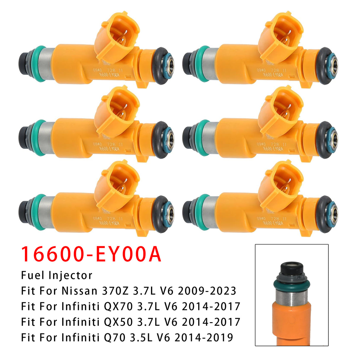 Infiniti G37 Q60 QX70 FX37 Nissan 370Z 3.7L 16600-EY00A 6PCS Fuel Injector