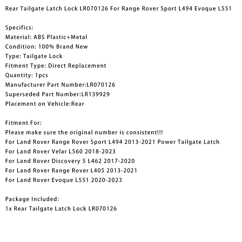 Land Rover Range Rover Sport L494 2013-2021 Power Tailgate Latch Rear Tailgate Latch Lock LR070126