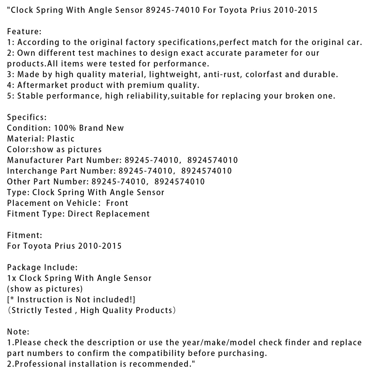 Toyota Prius 2010-2015 Clock Spring With Angle Sensor 89245-74010