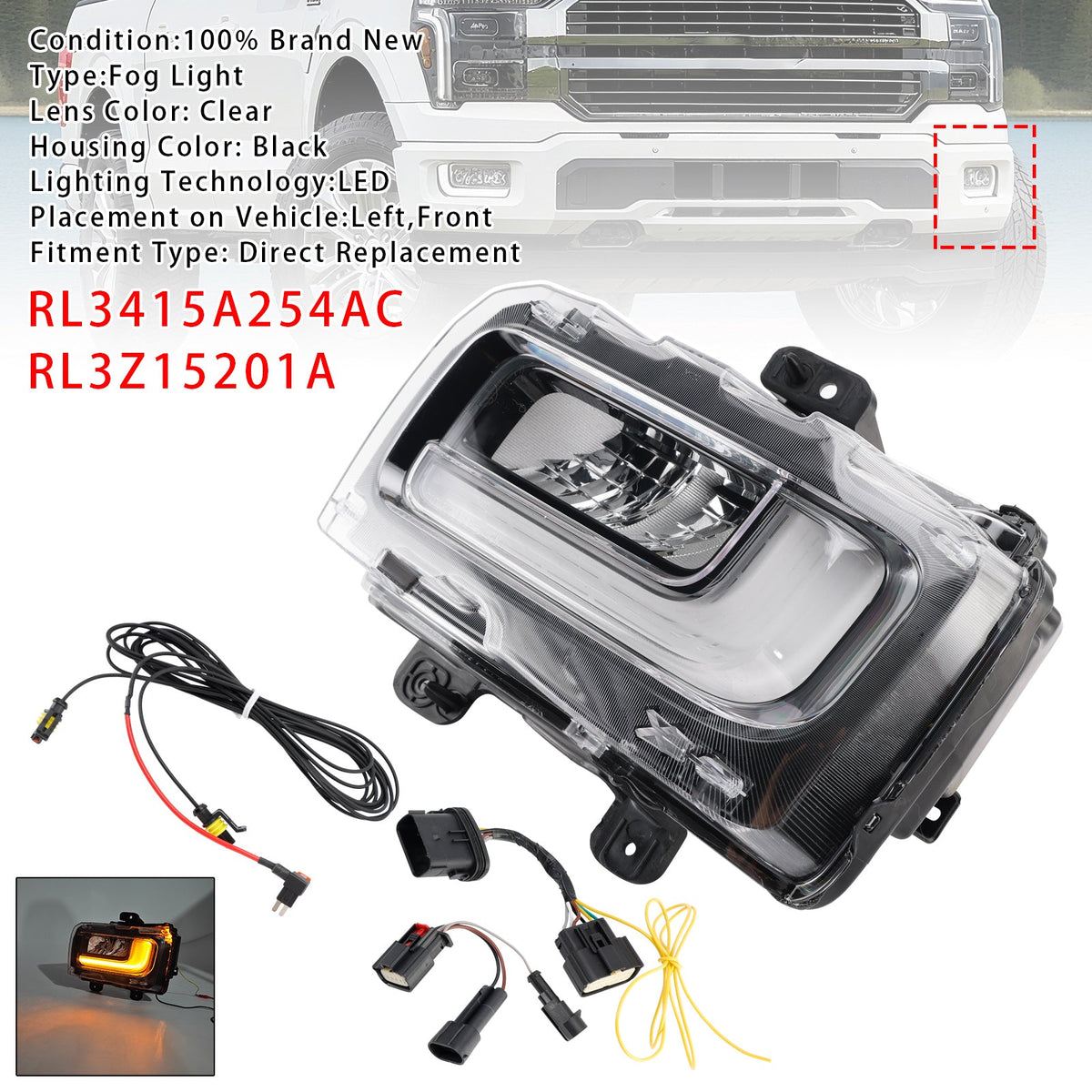 Ford F150 2024-2025 RL3415A254AC RL3Z15201A Driver Side Left LED Front Fog Light Lamp