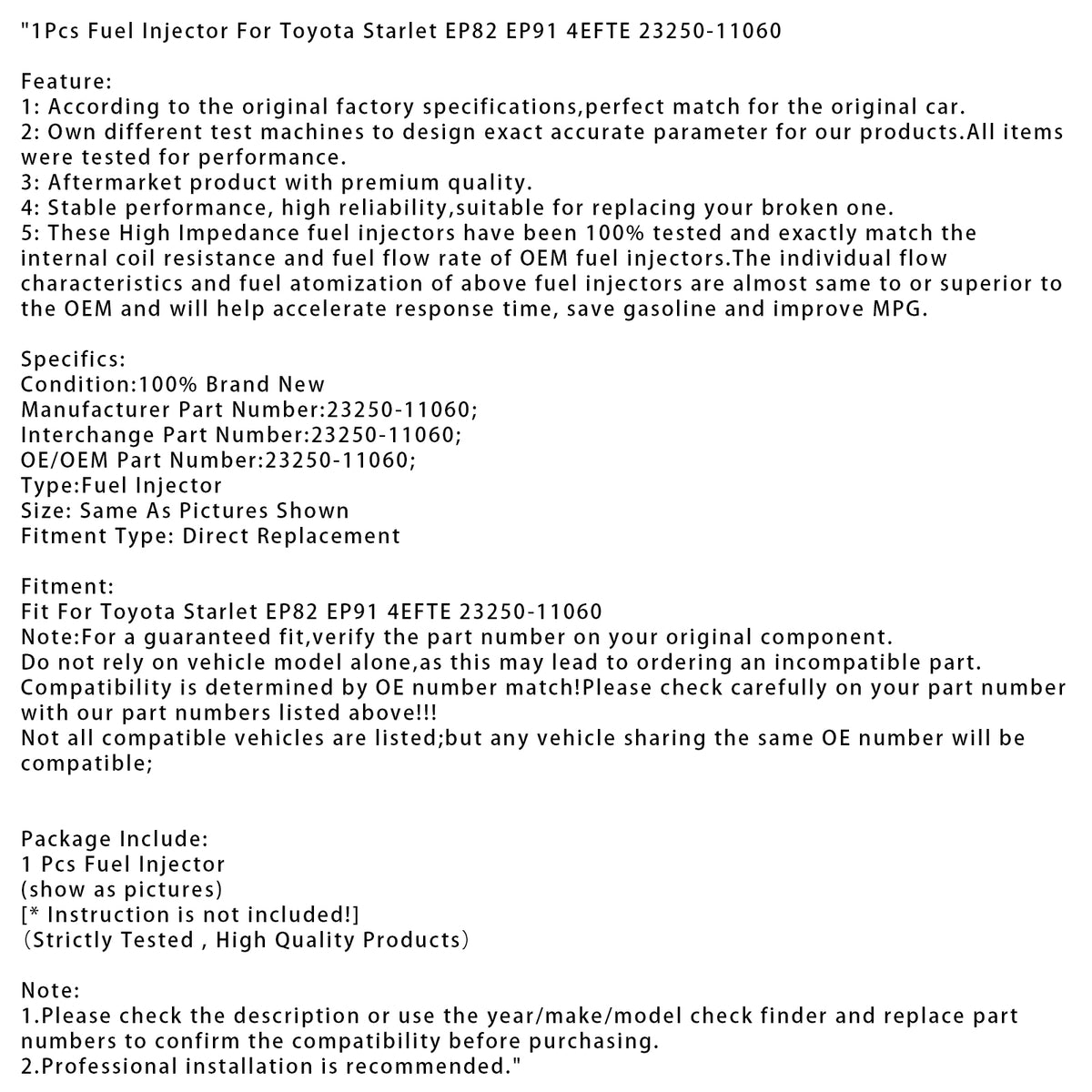 Toyota Starlet EP82 EP91 4EFTE 23250-11060 1PCS Fuel Injector