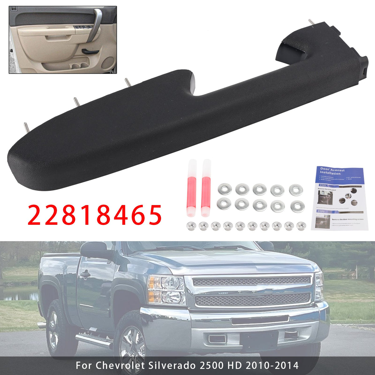 22818465 Front Left Driver Side Armrest Repair Kit Fit For Chevy Silverado 1500 2500HD 3500HD 2010-2014 Black