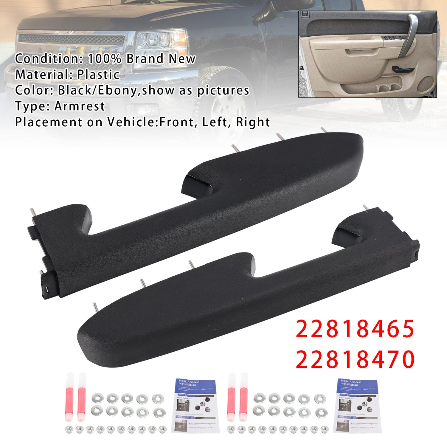 Left+Right Black Front Armrest Repair Kit For Chevy Silverado 1500 2500HD 3500HD 2010-2014