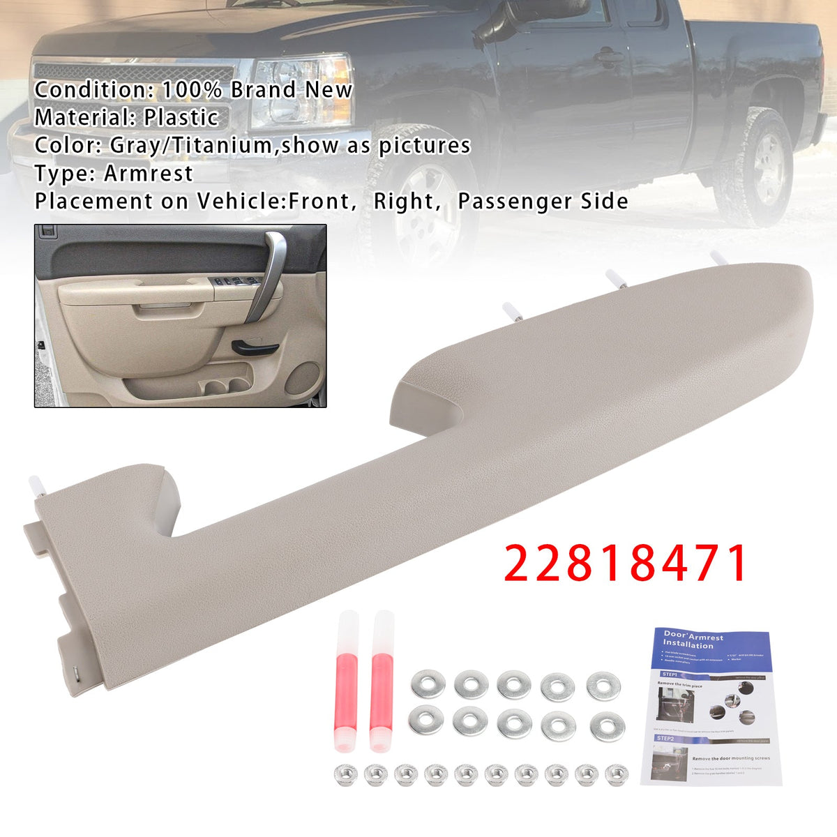 Chevy Silverado 1500 2500HD 2010-2014 Gray Front Right Passenger Side Armrest Repair Kit 22818471
