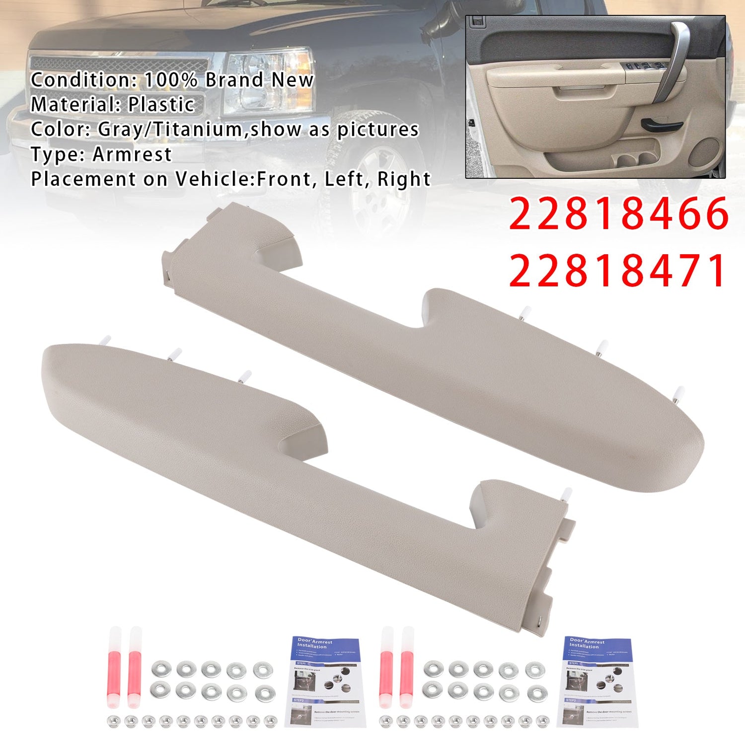 2010-2014  Chevy Silverado 1500 2500HD 3500HD 22818466 22818471 Front Left+Right Armrest Repair Kit Gray/Titanium