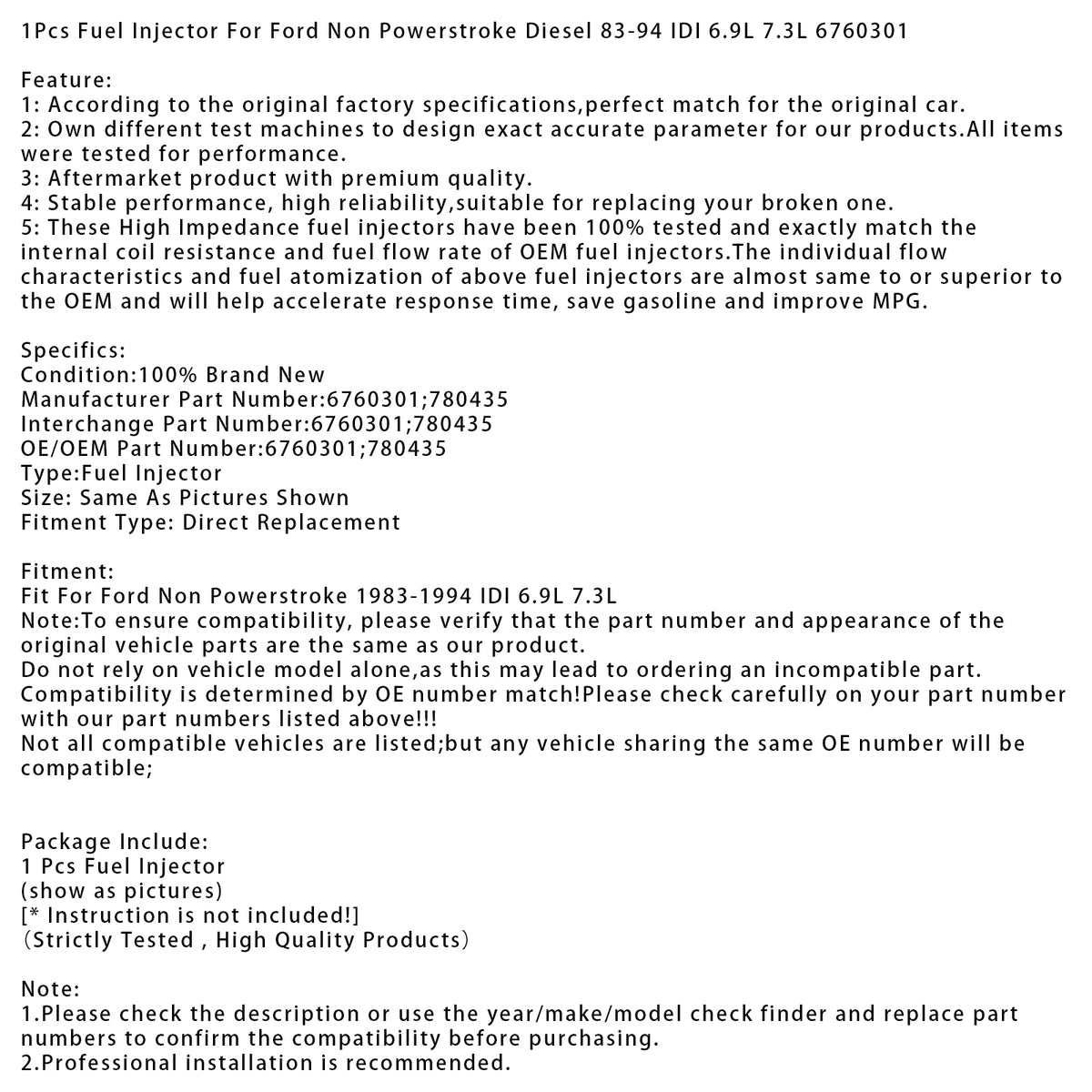 Ford Non Powerstroke Diesel 1983-1994 IDI 6.9L 7.3L 6760301 1PCS Fuel Injector
