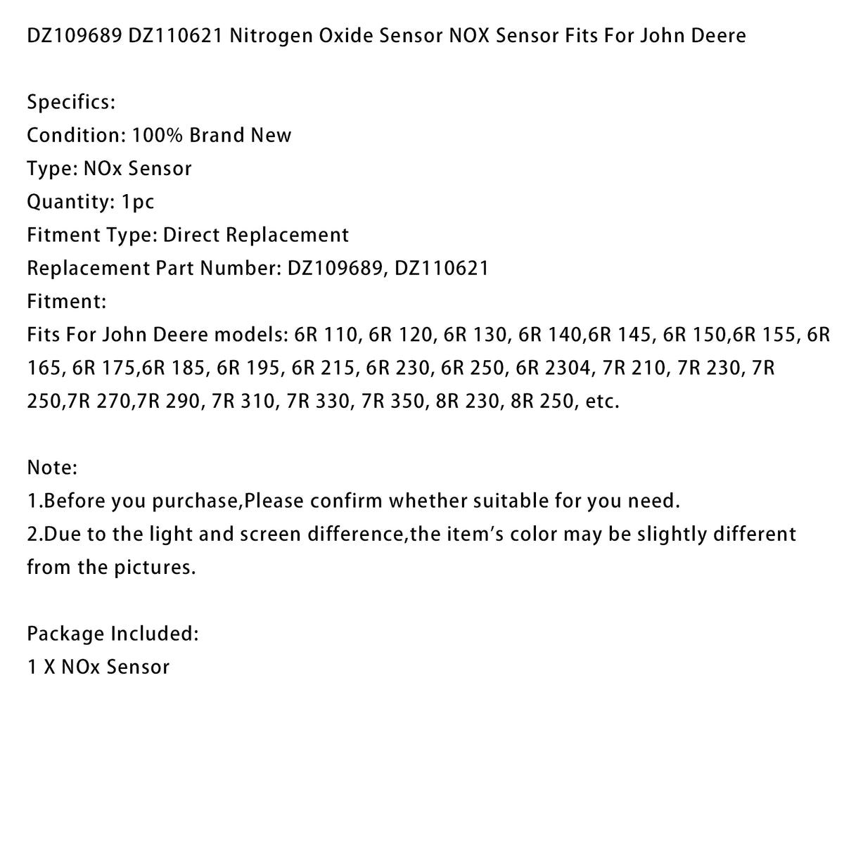 DZ109689 DZ110621 Nitrogen Oxide Sensor NOX Sensor Fits For John Deere