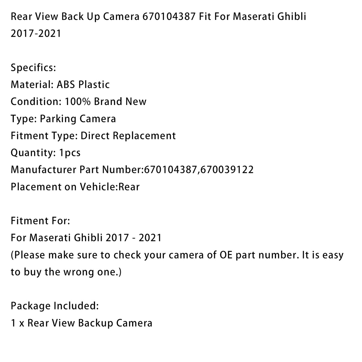 Rear View Back Up Camera 670104387 670039122 Fit For Maserati Ghibli 2017-2021