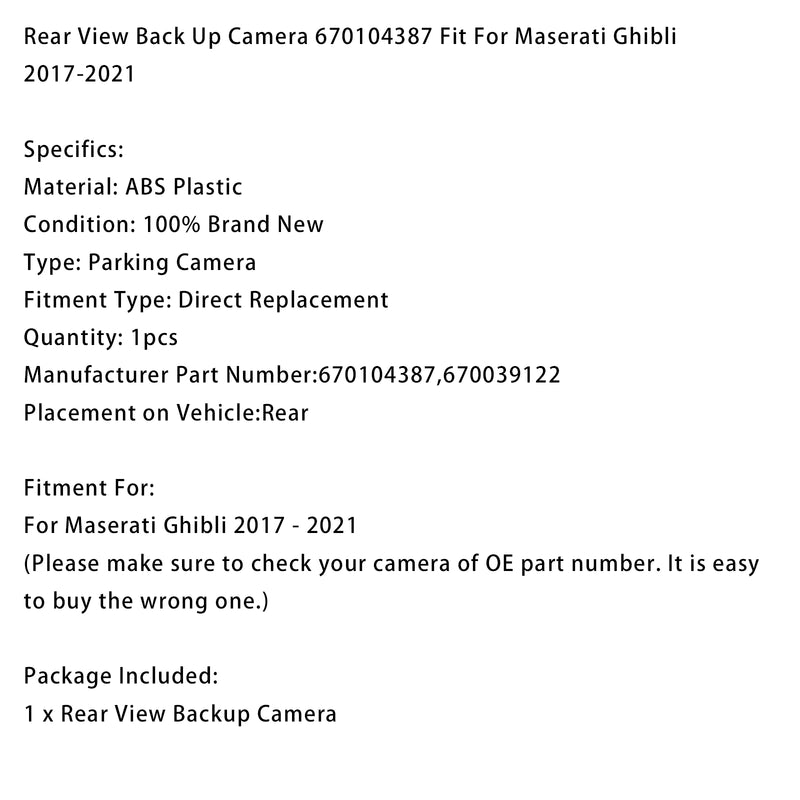 Maserati Ghibli 2017-2021 Rear View Back Up Camera 670104387 670039122