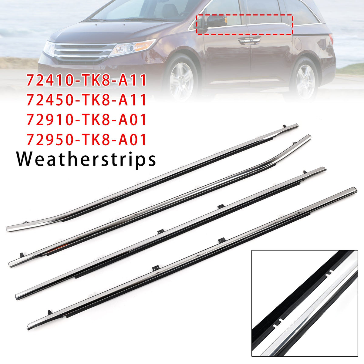 2011-2017 Odyssey 72410-TK8-A11 4PCS Weatherstrips Seal Door Belt Molding