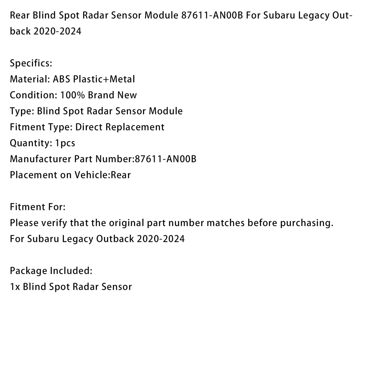 Rear Blind Spot Radar Sensor Module 87611-AN00B For Subaru Legacy Outback 2020-2024