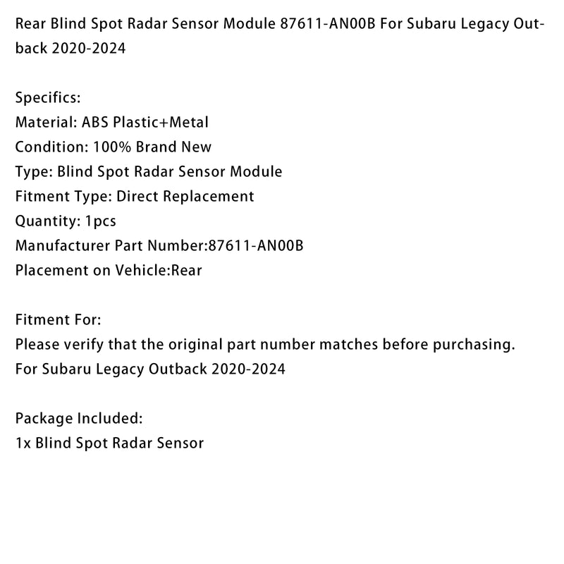 Rear Blind Spot Radar Sensor Module 87611-AN00B For Subaru Legacy Outback 2020-2024