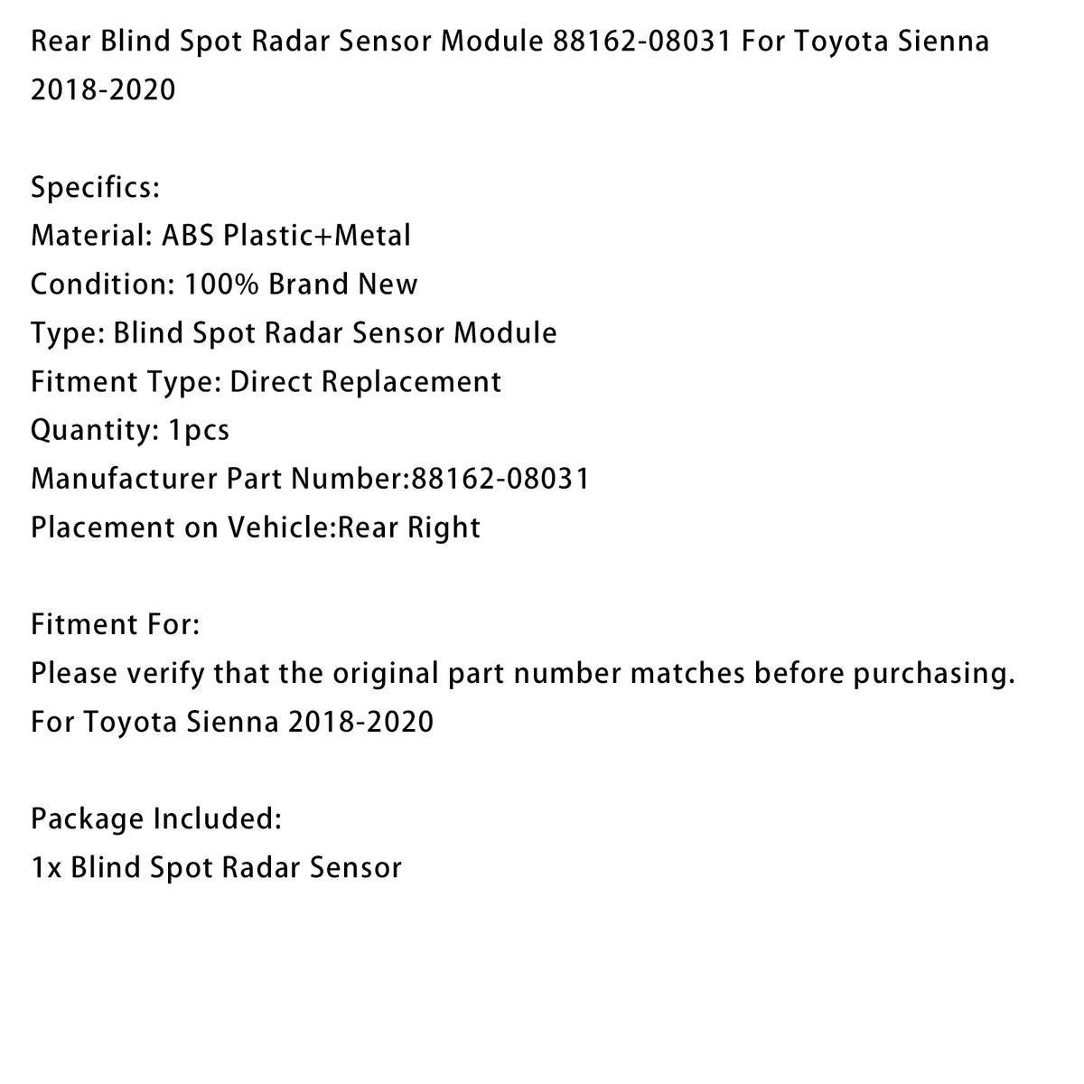 Rear Blind Spot Radar Sensor Module 88162-08031 For Toyota Sienna 2018-2020