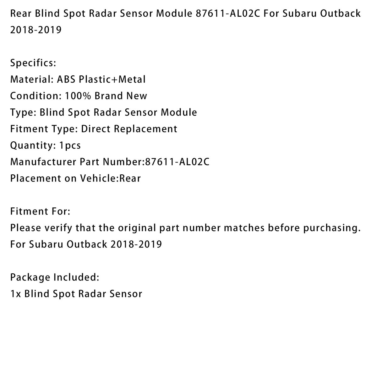 Subaru Outback 2018-2019 Rear Blind Spot Radar Sensor Module 87611-AL02C