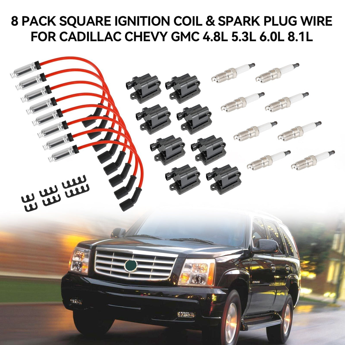 2003-2005 Gmc Savana 1500 2500 3500 8 Pack Square Ignition Coil & Spark Plug Wire 12556893 12558693 12570553