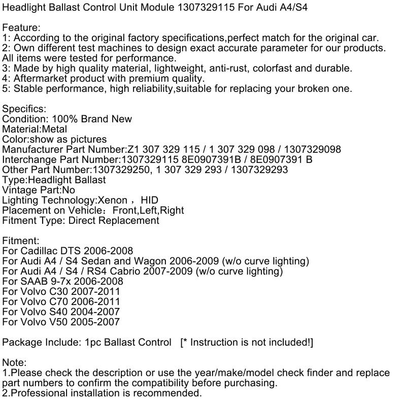 Audi A4/S4 Headlight Ballast Control Unit Module 1307329115