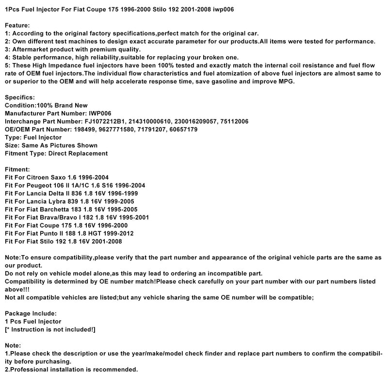 Fiat Coupe 175 1996-2000 Stilo 192 2001-2008 iwp006 1PCS Fuel Injector
