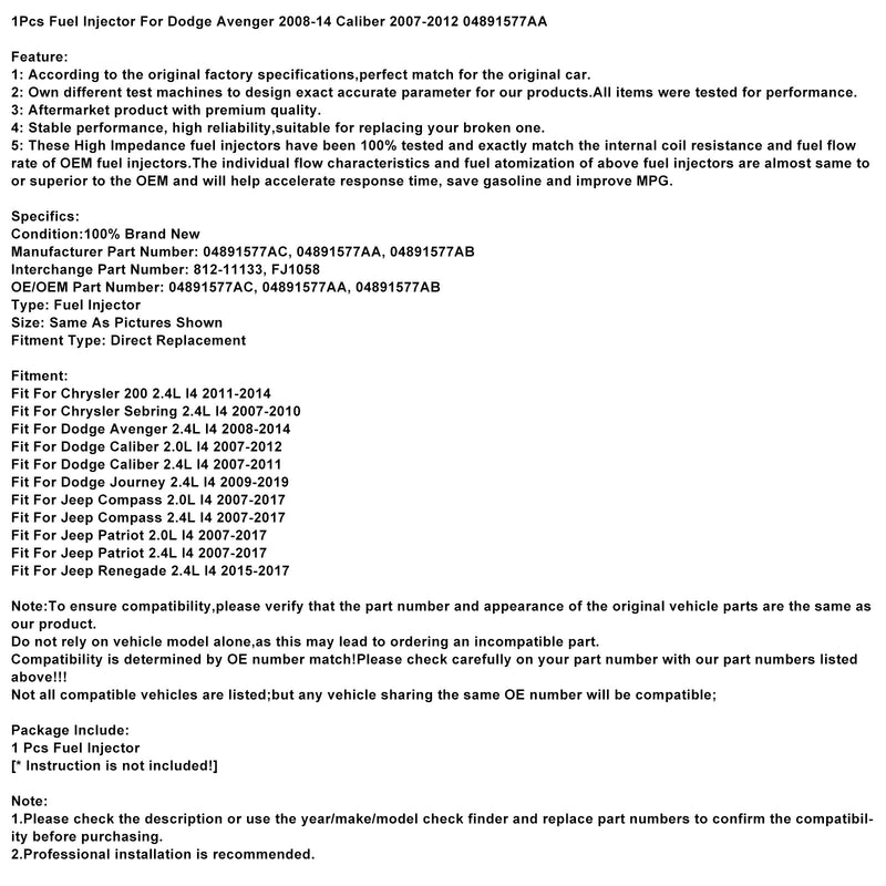 Dodge Avenger 2008-2014 Caliber 2007-2012 04891577AA 1PCS Fuel Injector