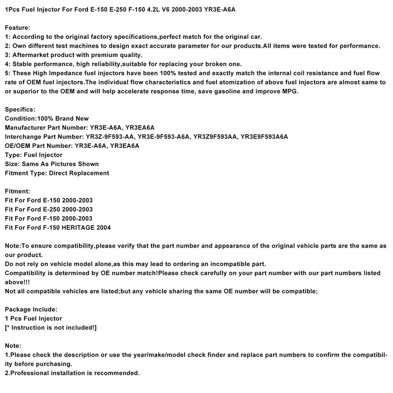 Ford E-150 E-250 F-150 4.2L V6 2000-2003 YR3E-A6A 1PCS Fuel Injector