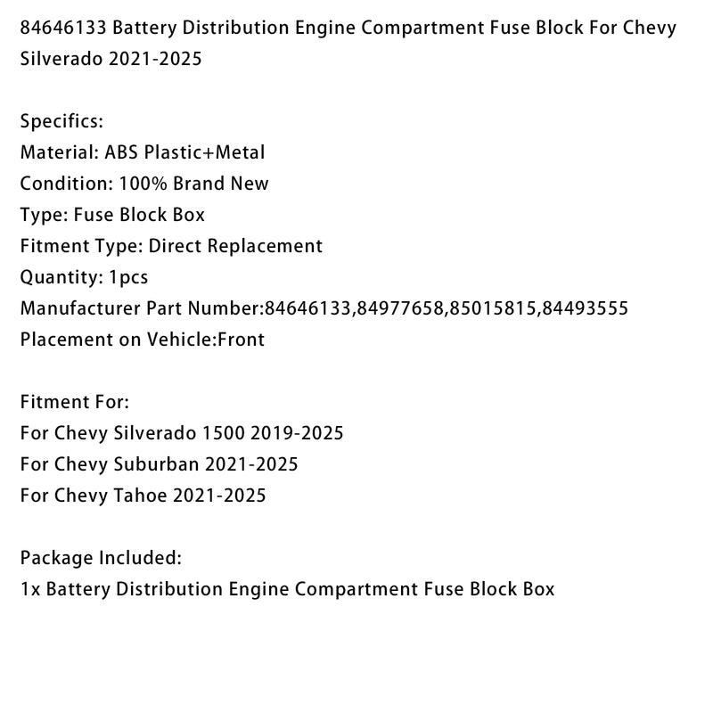 Chevy Silverado 1500 2019-2025 84646133 Battery Distribution Fuse Block